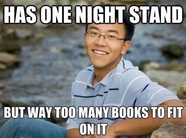 Asian has one night stand but way too many books to fit on it